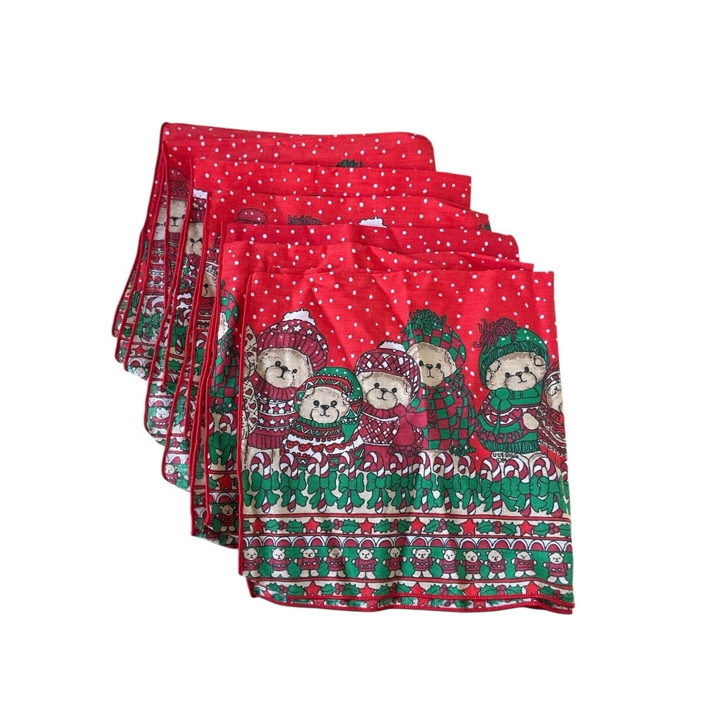 Vintage Christmas Linen Napkins Bears 1980s Linen Set 4‎ Napkins